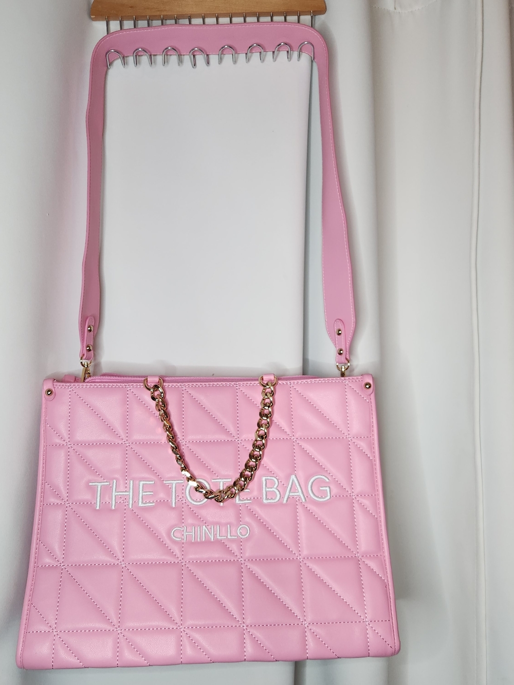 Pink Quilted Tote Bag with Gold Chain